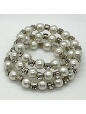 Vintage Faux Pearl Rhinestone Multi-Strand Wrap Bracelet Bridal Wedding Jewelry